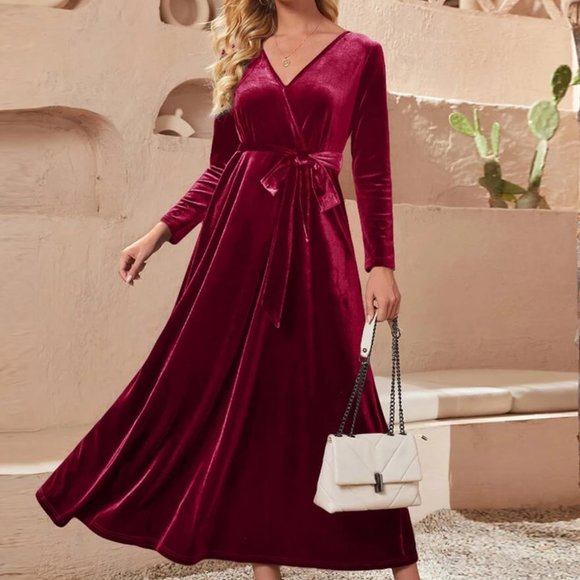 Long Sleeve Wrap V-neck Belted Velvet Burgundy Maxi Dress - Picture 1 of 9